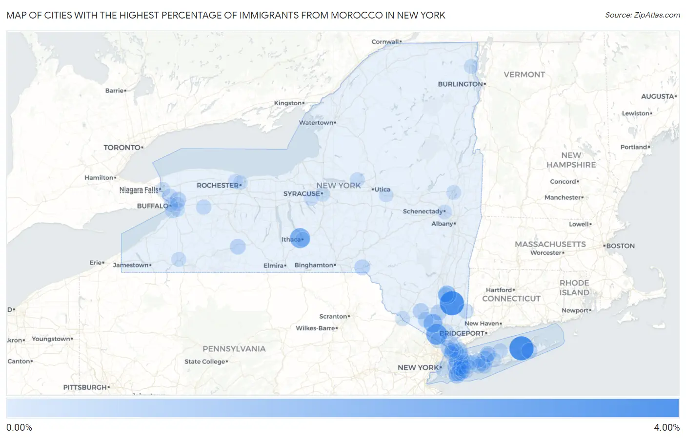 Cities with the Highest Percentage of Immigrants from Morocco in New York Map