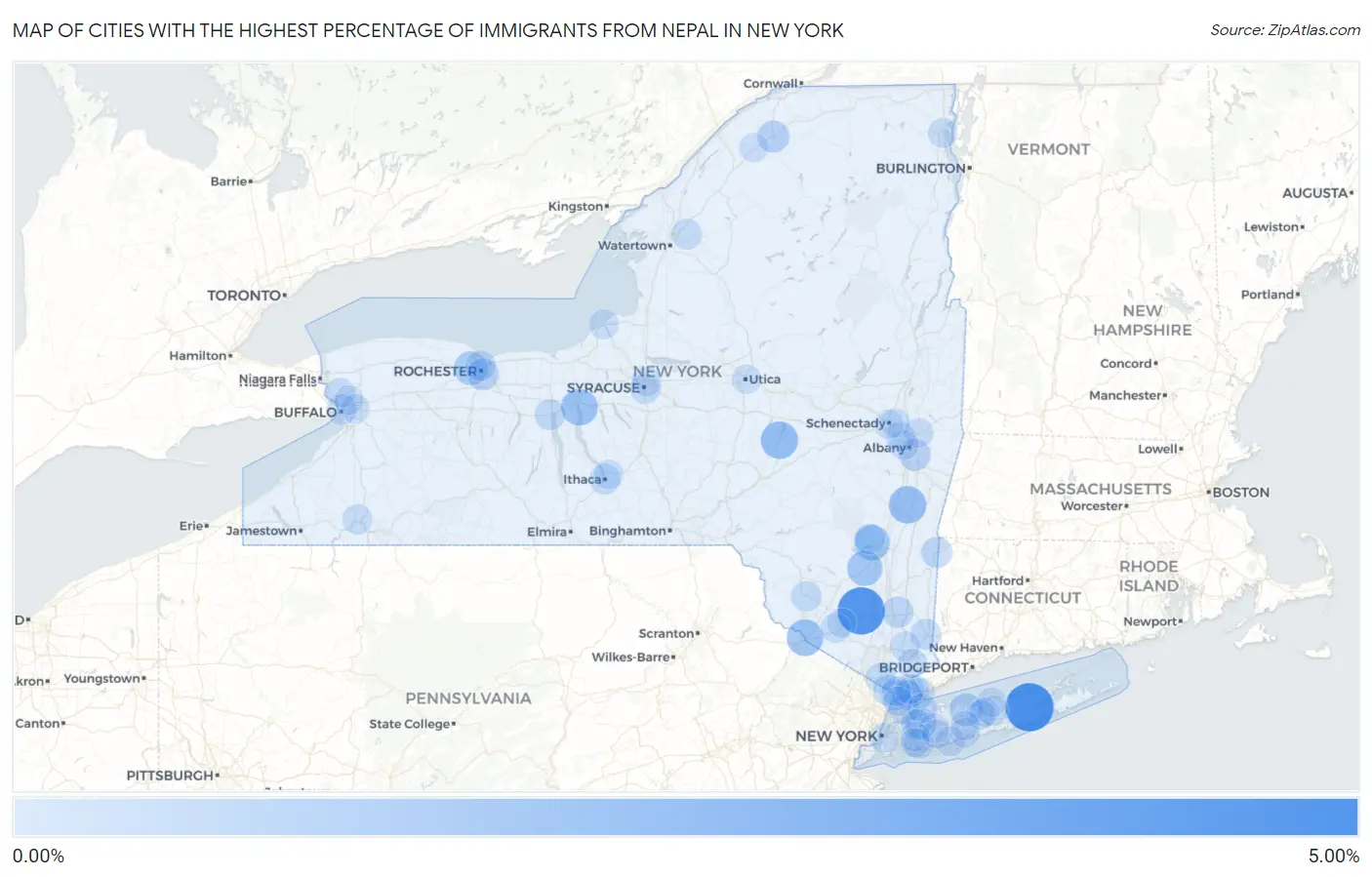 Cities with the Highest Percentage of Immigrants from Nepal in New York Map