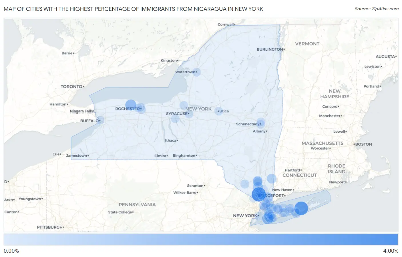 Cities with the Highest Percentage of Immigrants from Nicaragua in New York Map
