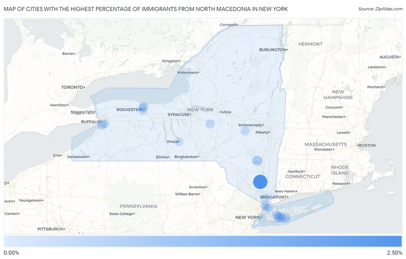 Cities with the Highest Percentage of Immigrants from North Macedonia in New York Map