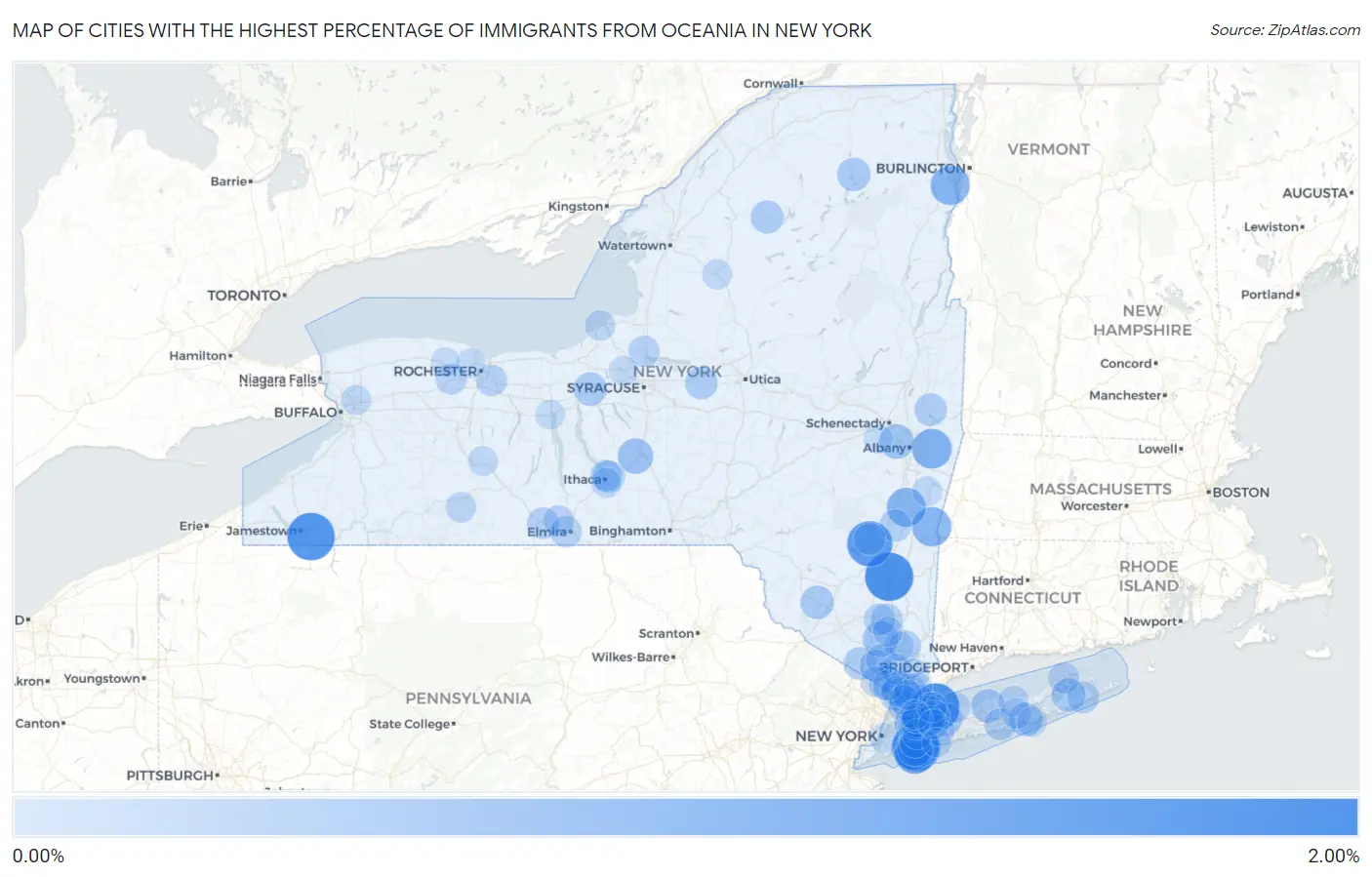 Cities with the Highest Percentage of Immigrants from Oceania in New York Map