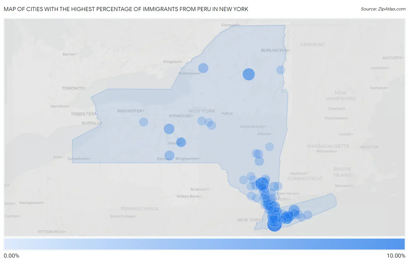 Cities with the Highest Percentage of Immigrants from Peru in New York Map