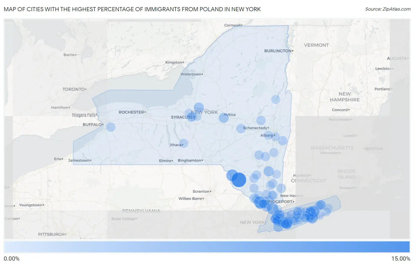 Cities with the Highest Percentage of Immigrants from Poland in New York Map