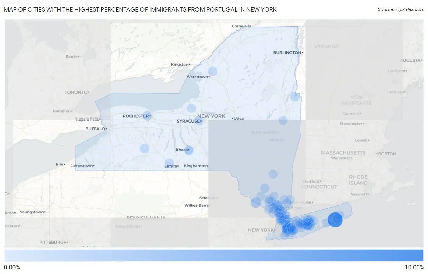Cities with the Highest Percentage of Immigrants from Portugal in New York Map