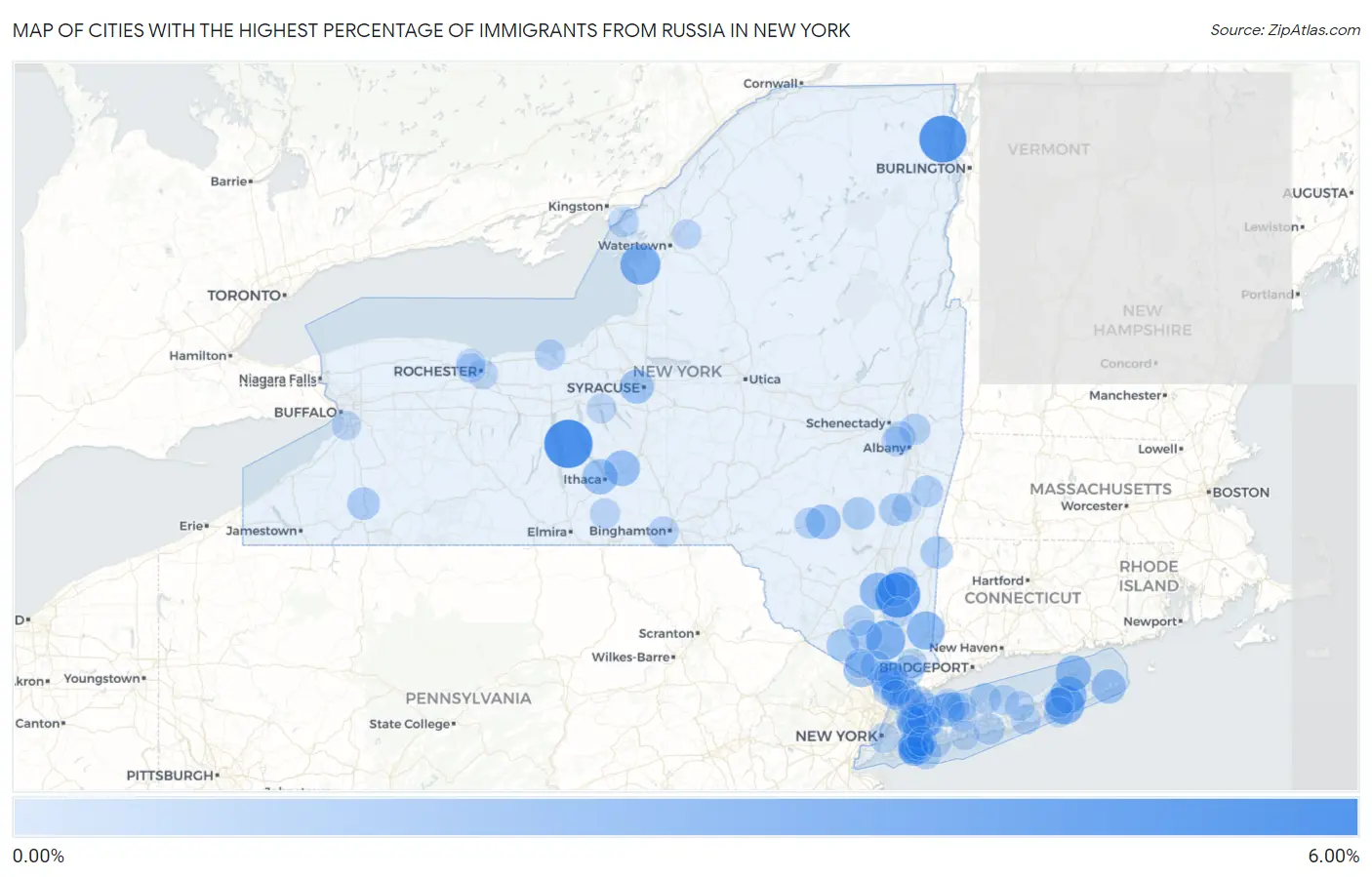 Cities with the Highest Percentage of Immigrants from Russia in New York Map