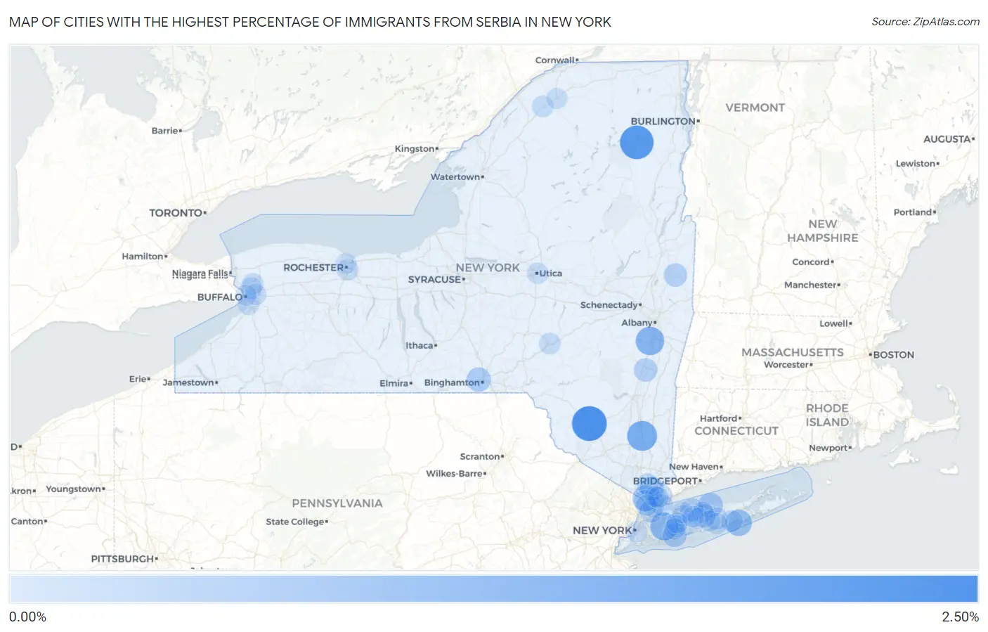 Cities with the Highest Percentage of Immigrants from Serbia in New York Map