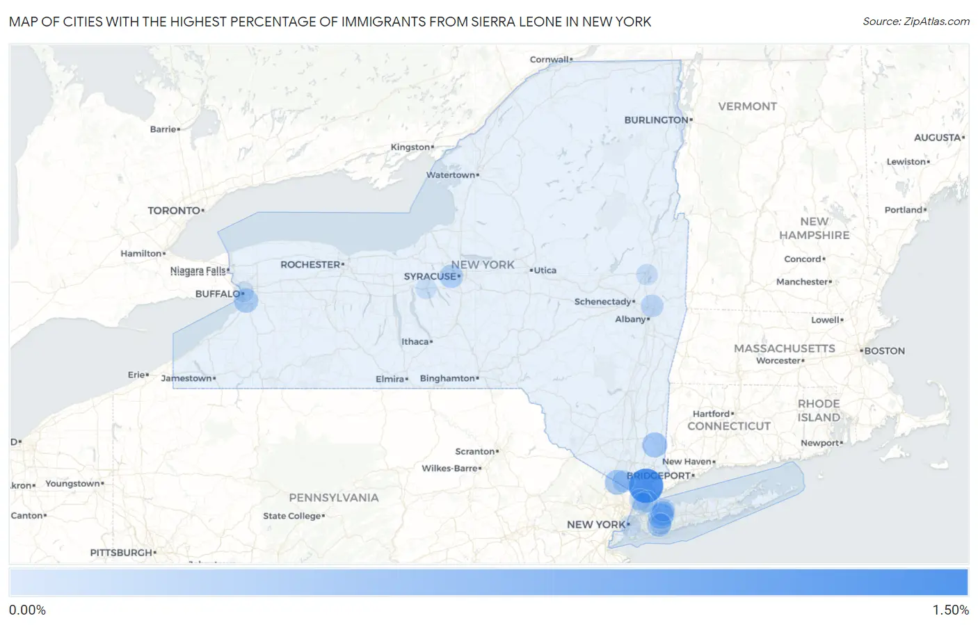 Cities with the Highest Percentage of Immigrants from Sierra Leone in New York Map