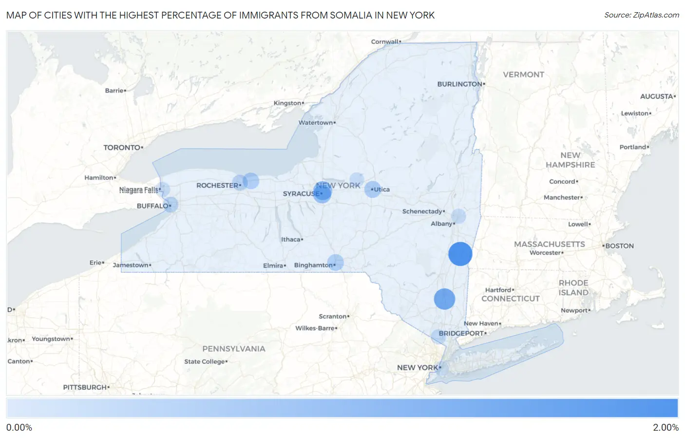 Cities with the Highest Percentage of Immigrants from Somalia in New York Map