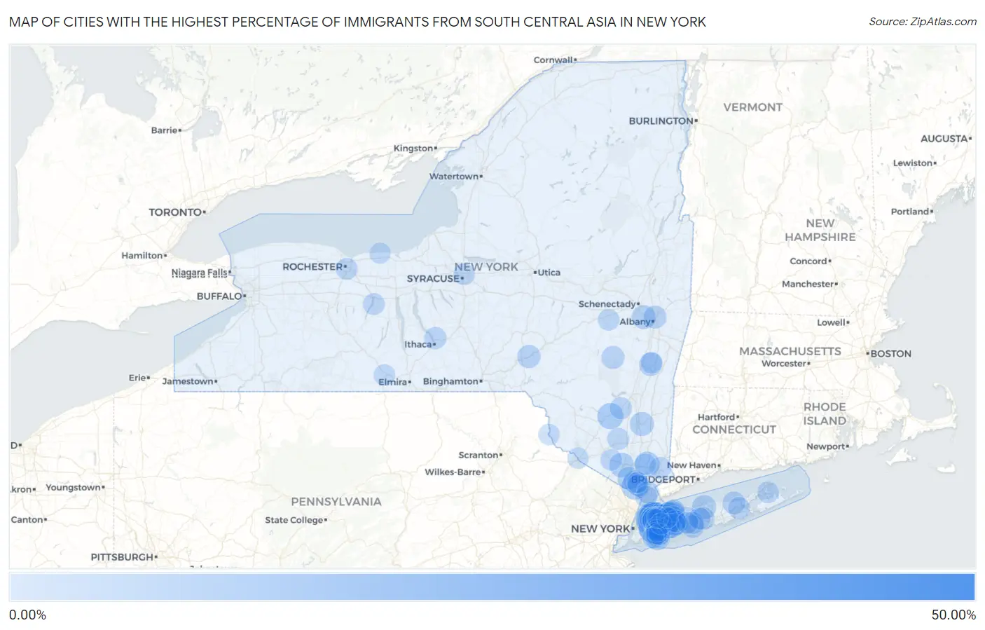 Cities with the Highest Percentage of Immigrants from South Central Asia in New York Map