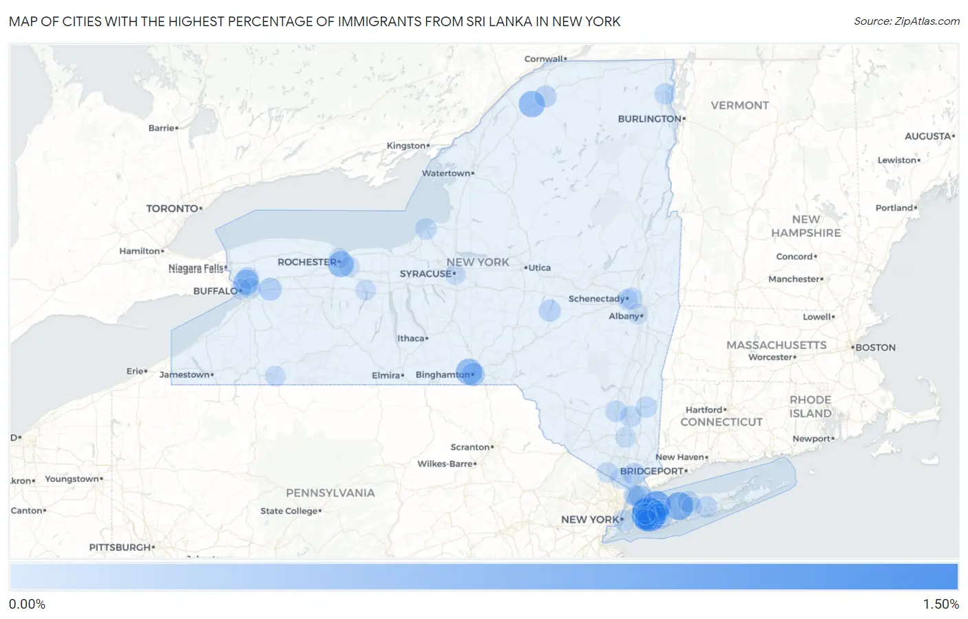 Cities with the Highest Percentage of Immigrants from Sri Lanka in New York Map