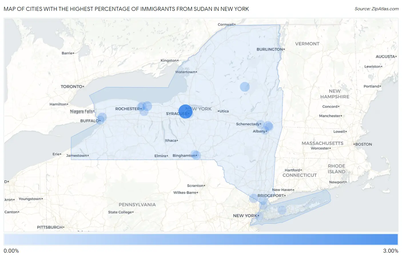 Cities with the Highest Percentage of Immigrants from Sudan in New York Map
