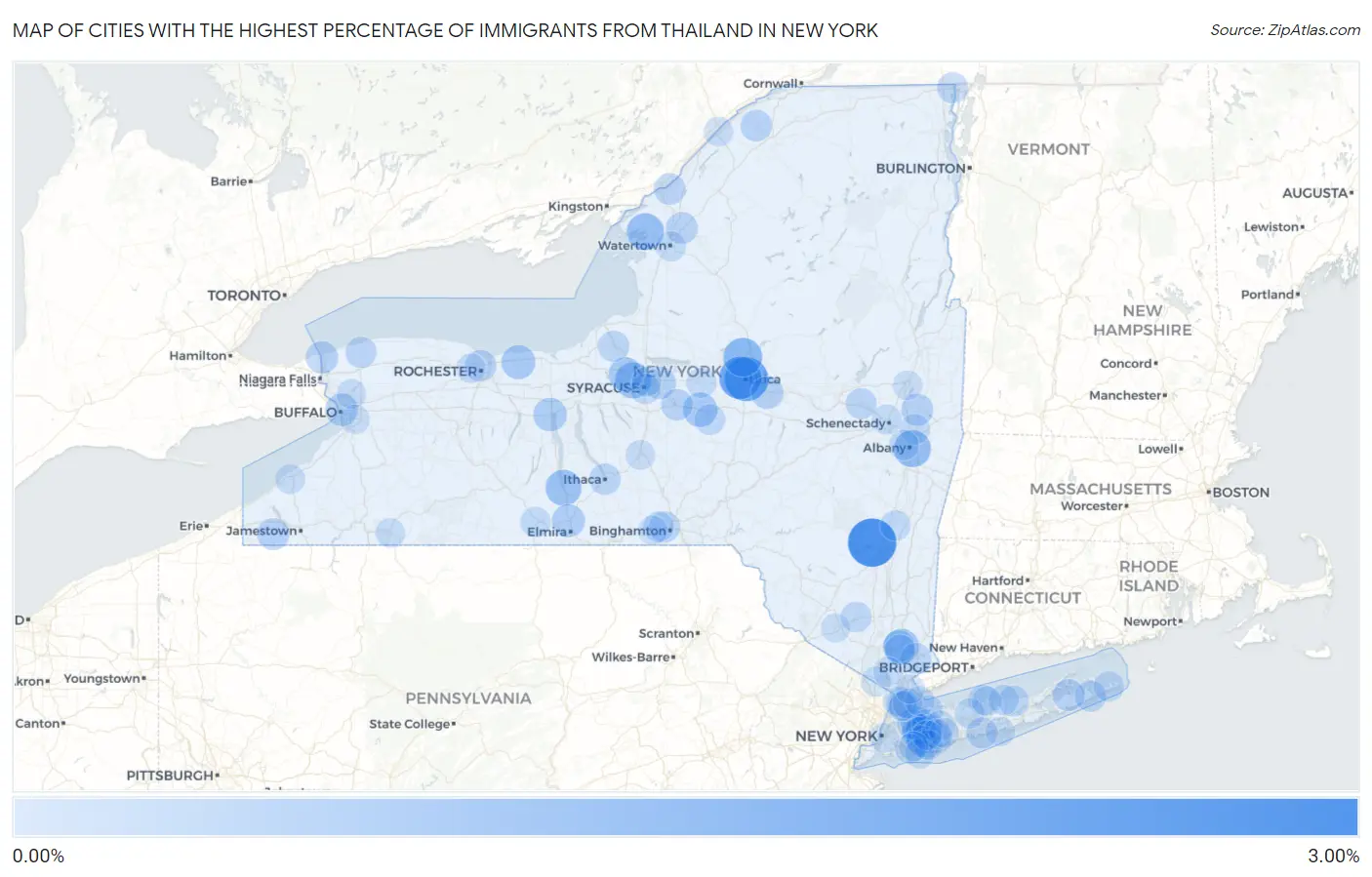 Cities with the Highest Percentage of Immigrants from Thailand in New York Map