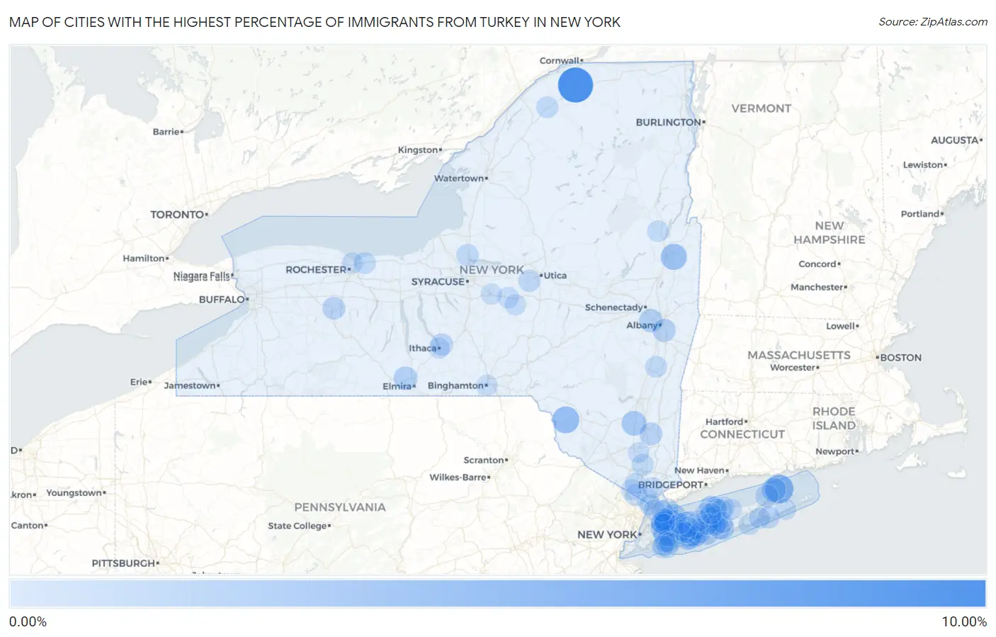 Cities with the Highest Percentage of Immigrants from Turkey in New York Map