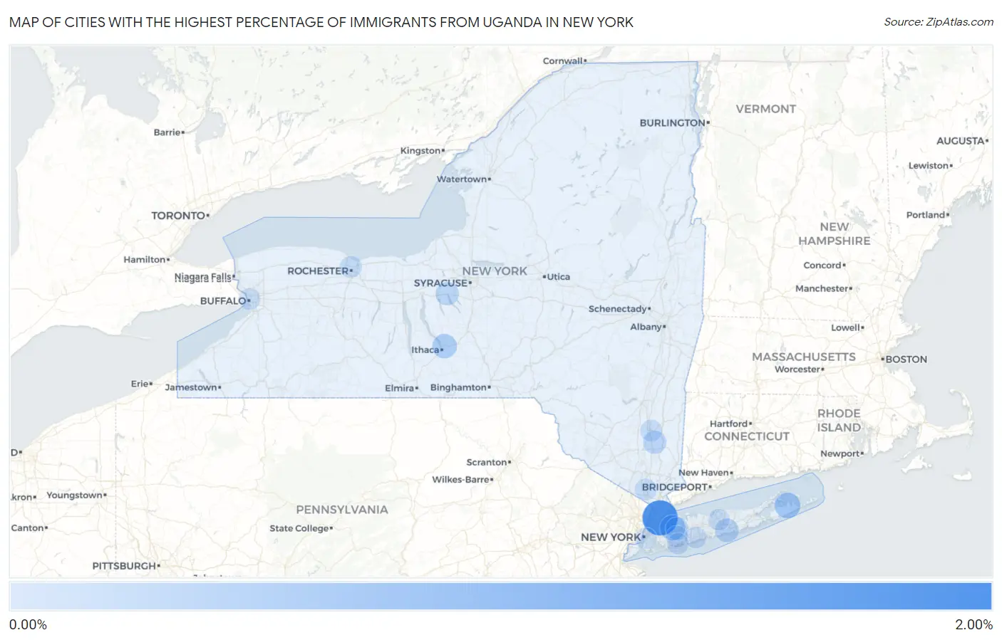 Cities with the Highest Percentage of Immigrants from Uganda in New York Map