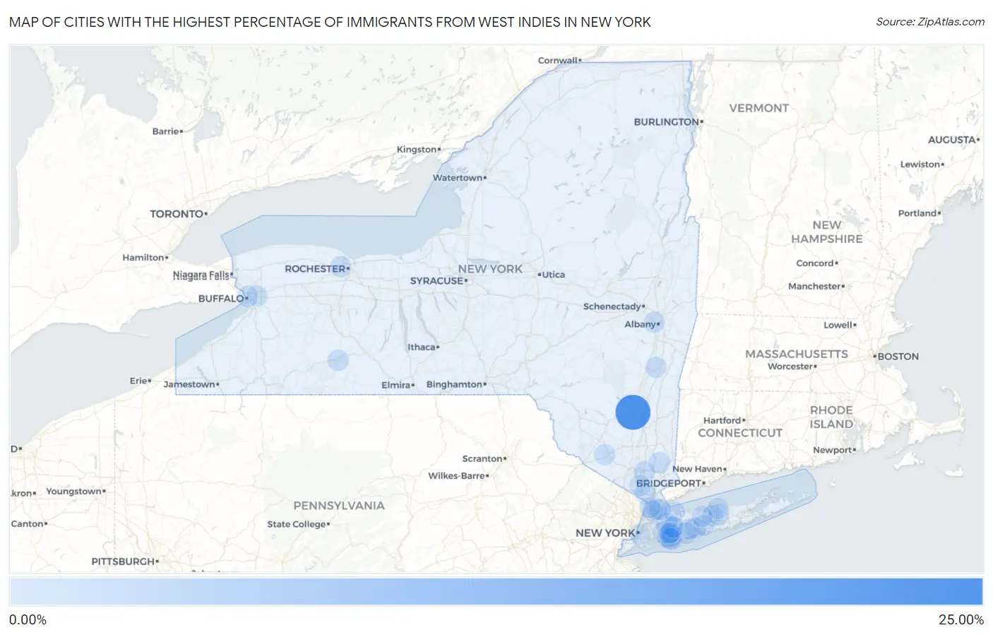 Cities with the Highest Percentage of Immigrants from West Indies in New York Map