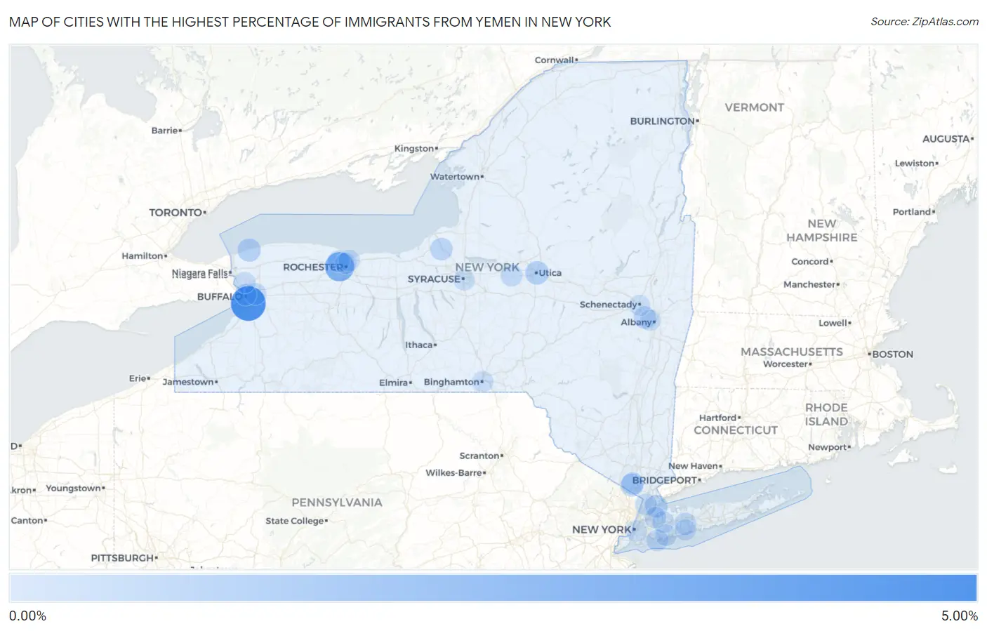 Cities with the Highest Percentage of Immigrants from Yemen in New York Map