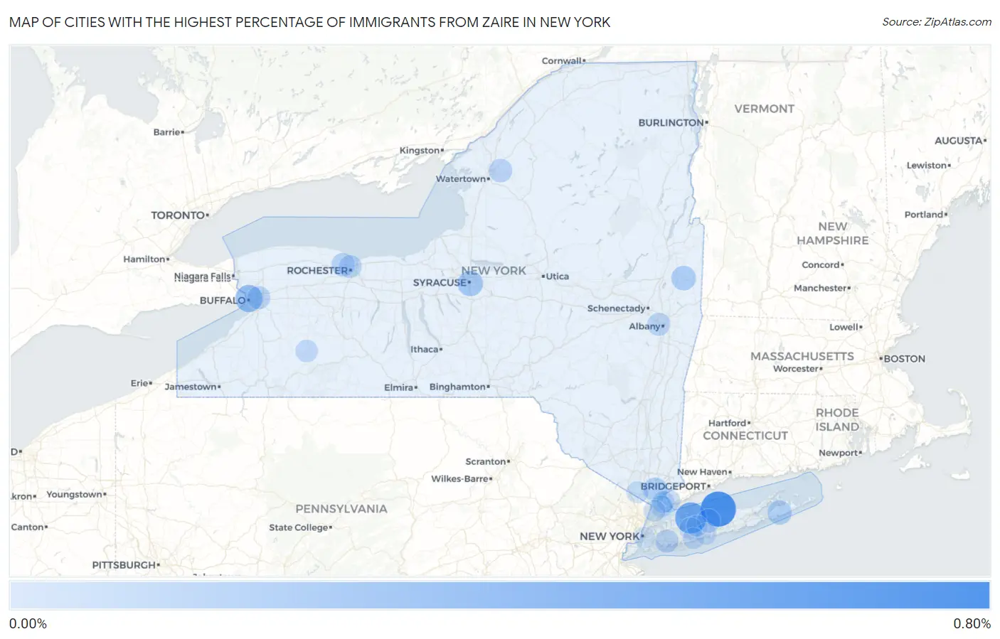 Cities with the Highest Percentage of Immigrants from Zaire in New York Map