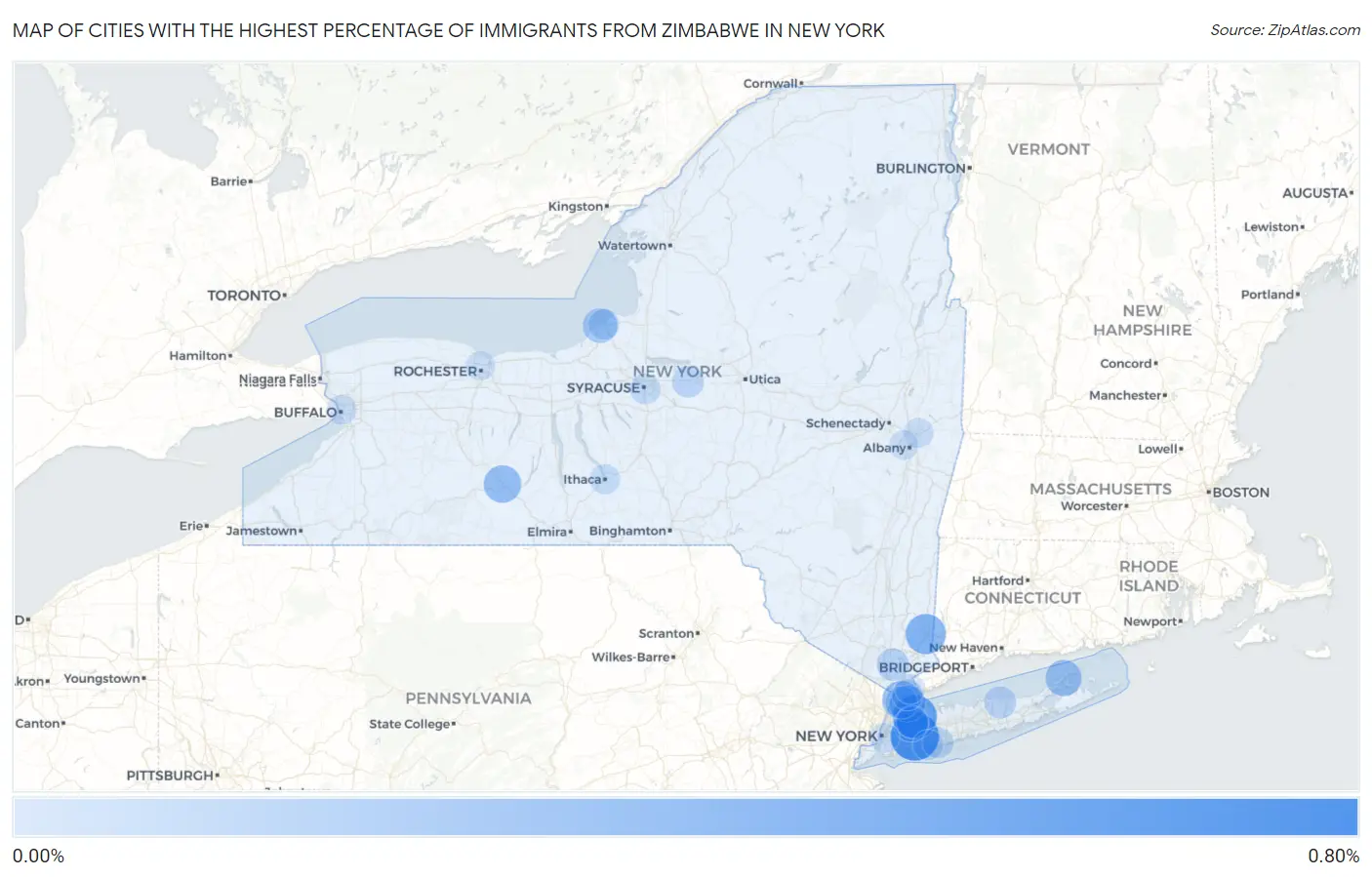 Cities with the Highest Percentage of Immigrants from Zimbabwe in New York Map