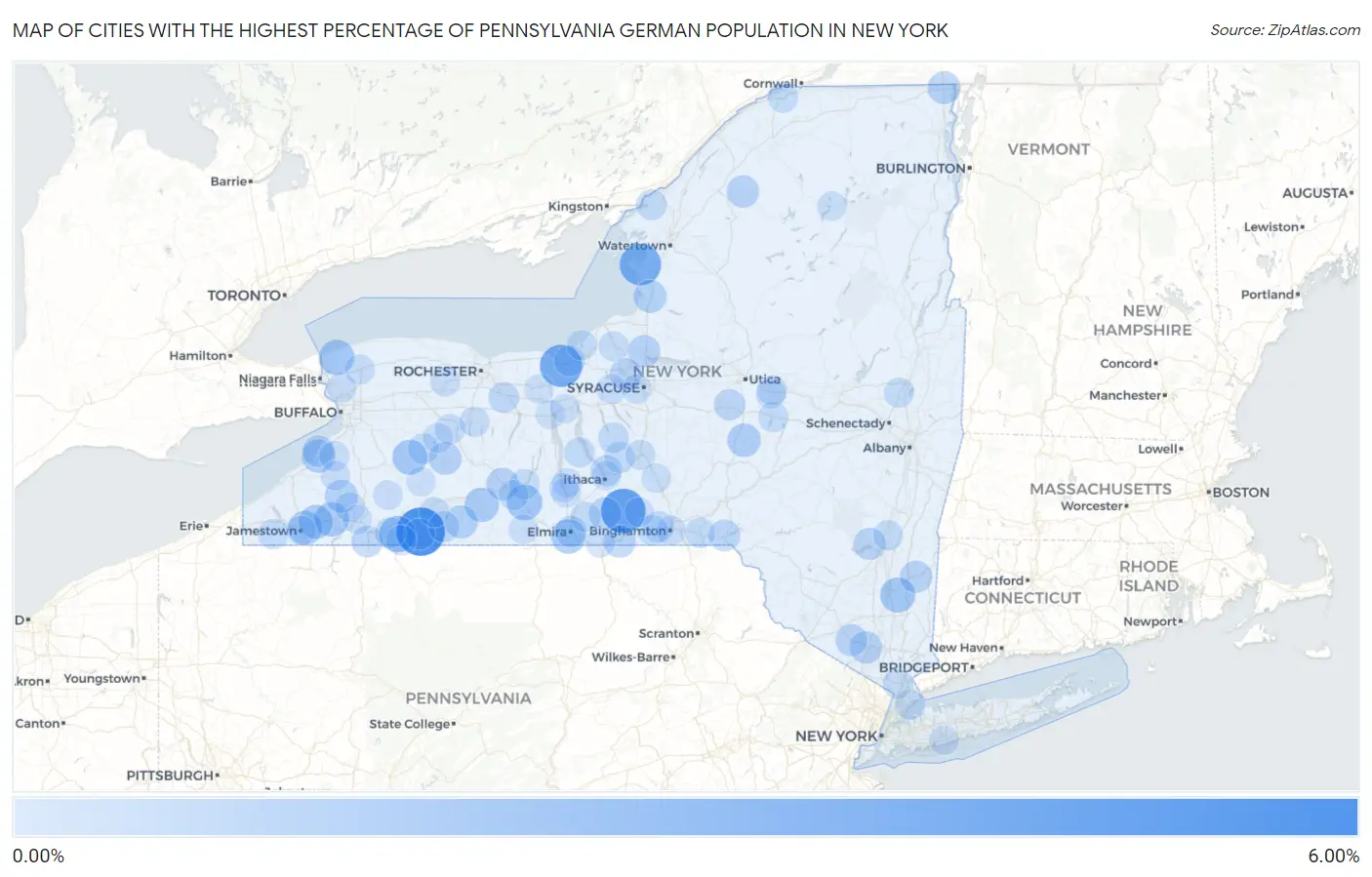 Cities with the Highest Percentage of Pennsylvania German Population in New York Map