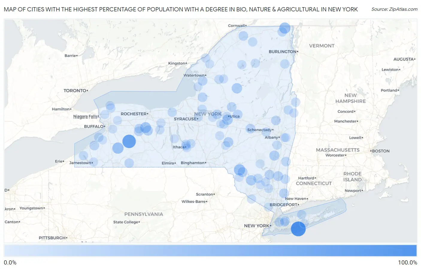 Cities with the Highest Percentage of Population with a Degree in Bio, Nature & Agricultural in New York Map
