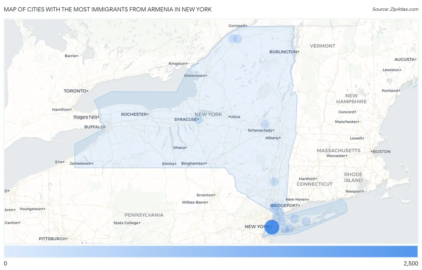 Cities with the Most Immigrants from Armenia in New York Map