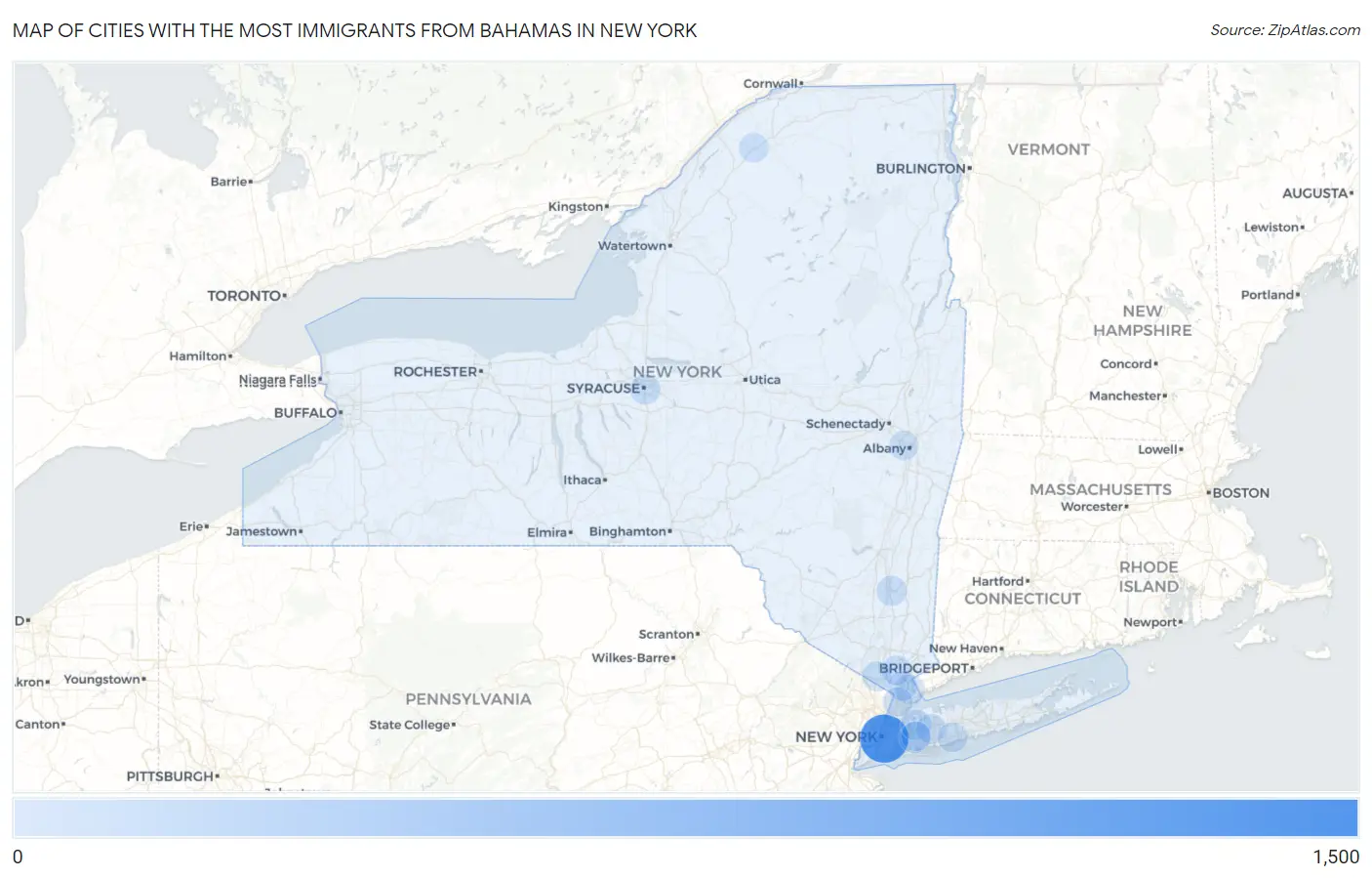 Cities with the Most Immigrants from Bahamas in New York Map
