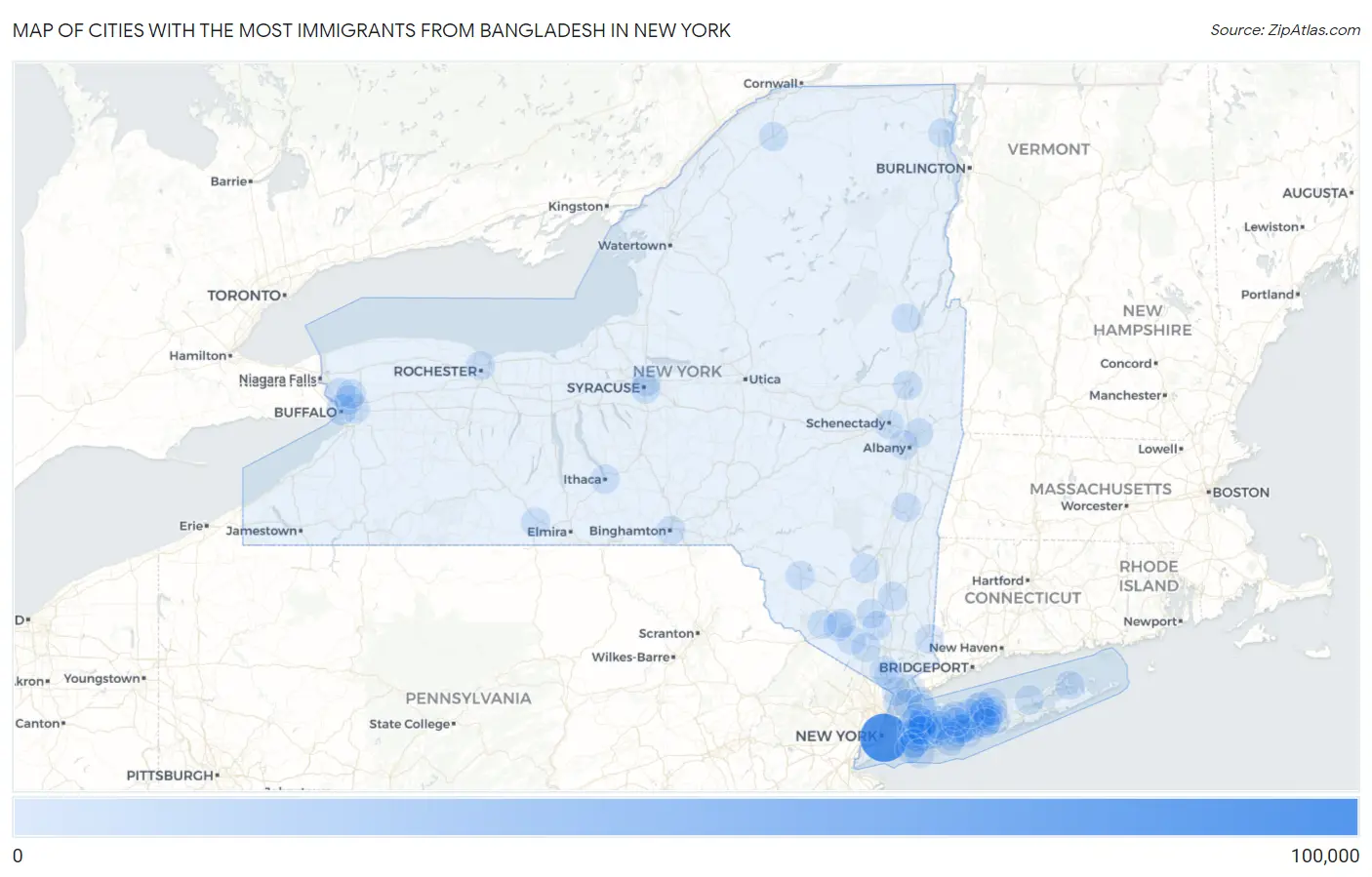 Cities with the Most Immigrants from Bangladesh in New York Map