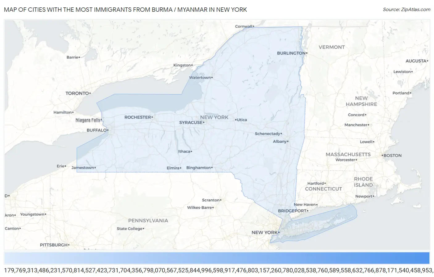 Cities with the Most Immigrants from Burma / Myanmar in New York Map