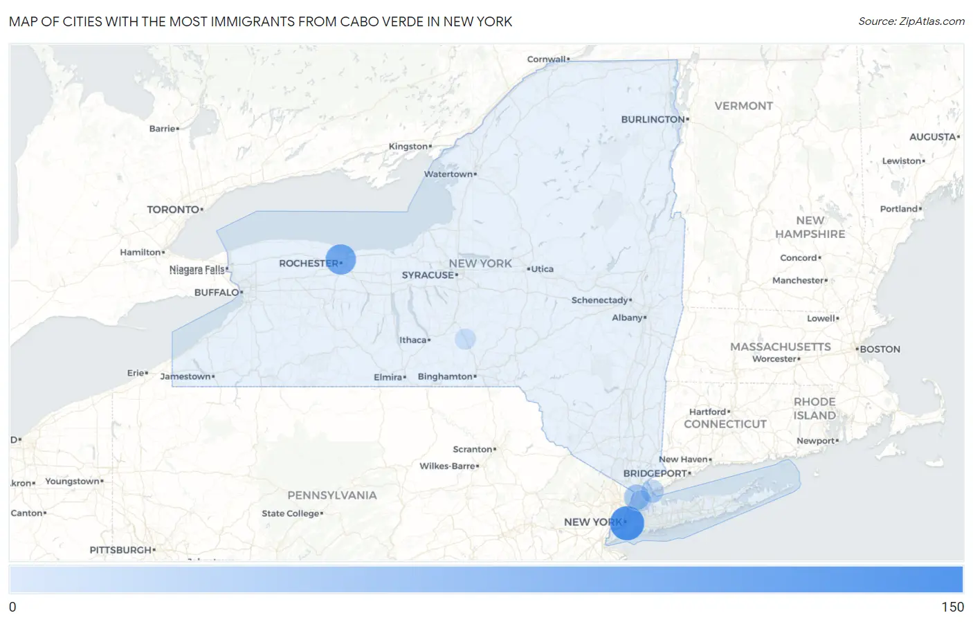 Cities with the Most Immigrants from Cabo Verde in New York Map