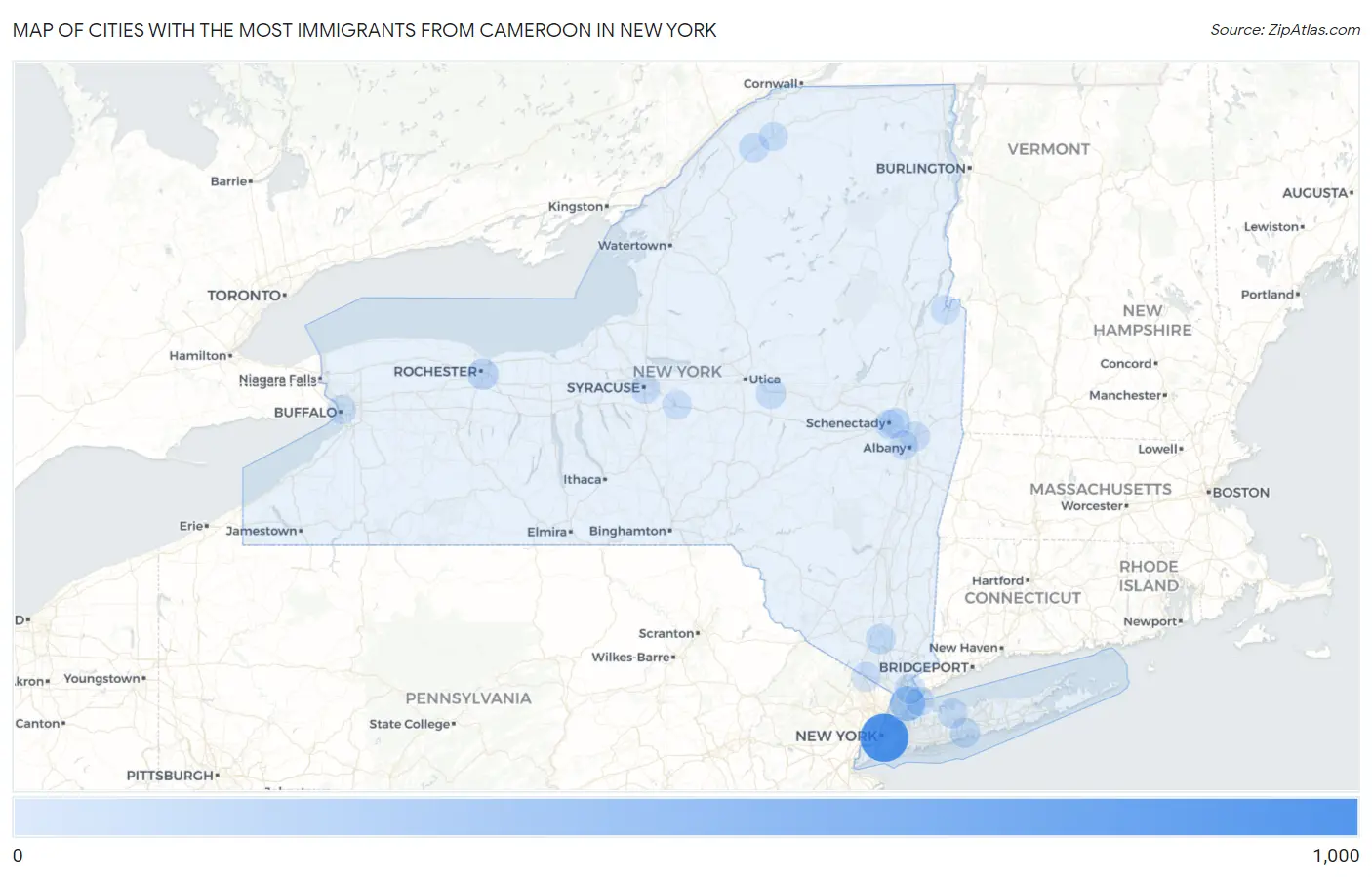 Cities with the Most Immigrants from Cameroon in New York Map