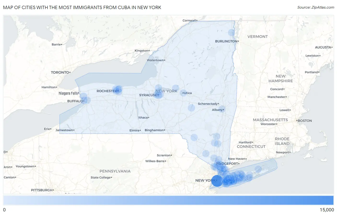 Cities with the Most Immigrants from Cuba in New York Map