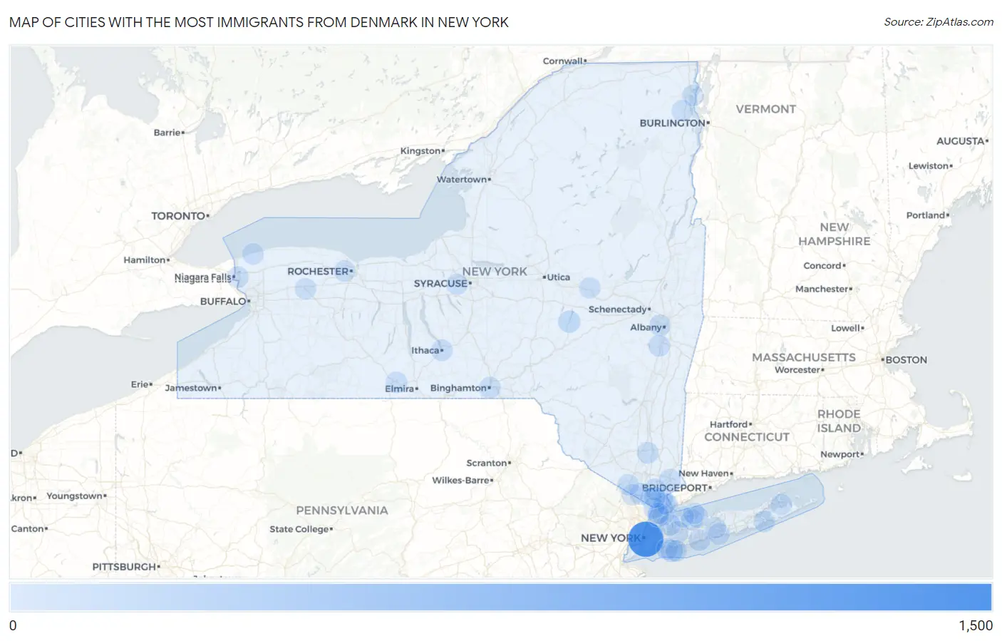 Cities with the Most Immigrants from Denmark in New York Map