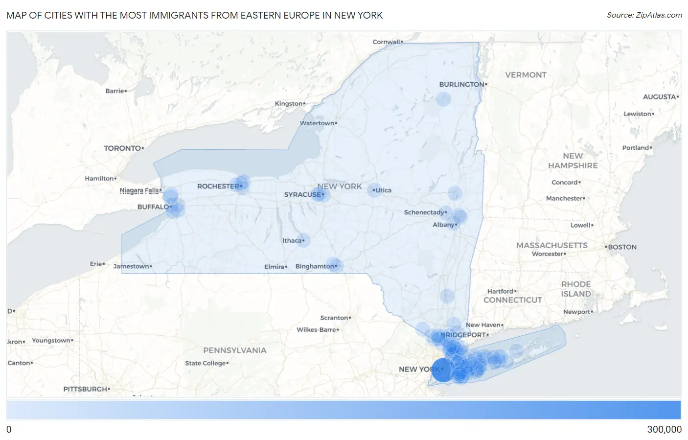 Cities with the Most Immigrants from Eastern Europe in New York Map