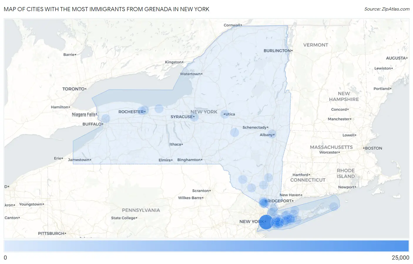 Cities with the Most Immigrants from Grenada in New York Map