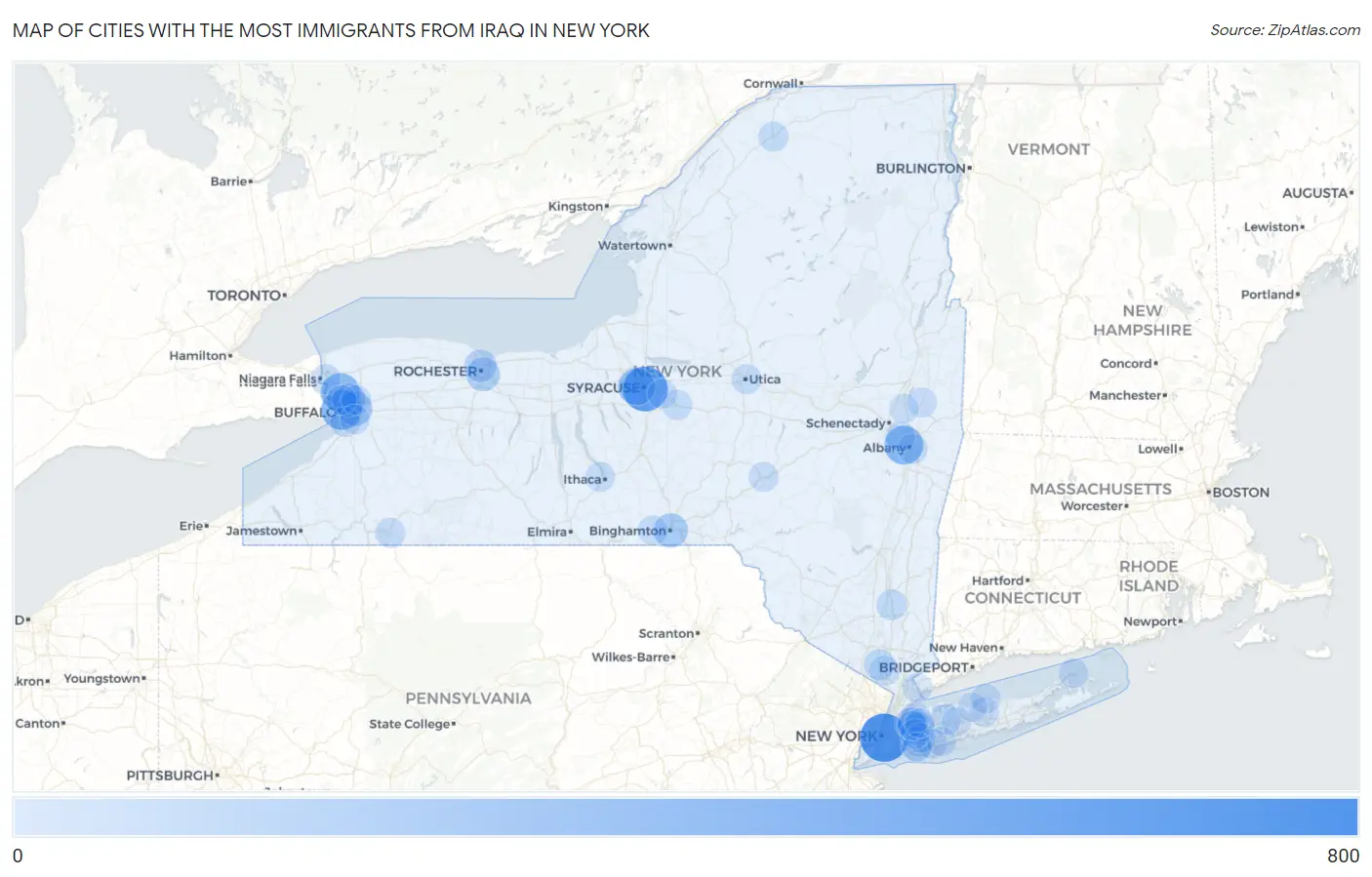 Cities with the Most Immigrants from Iraq in New York Map