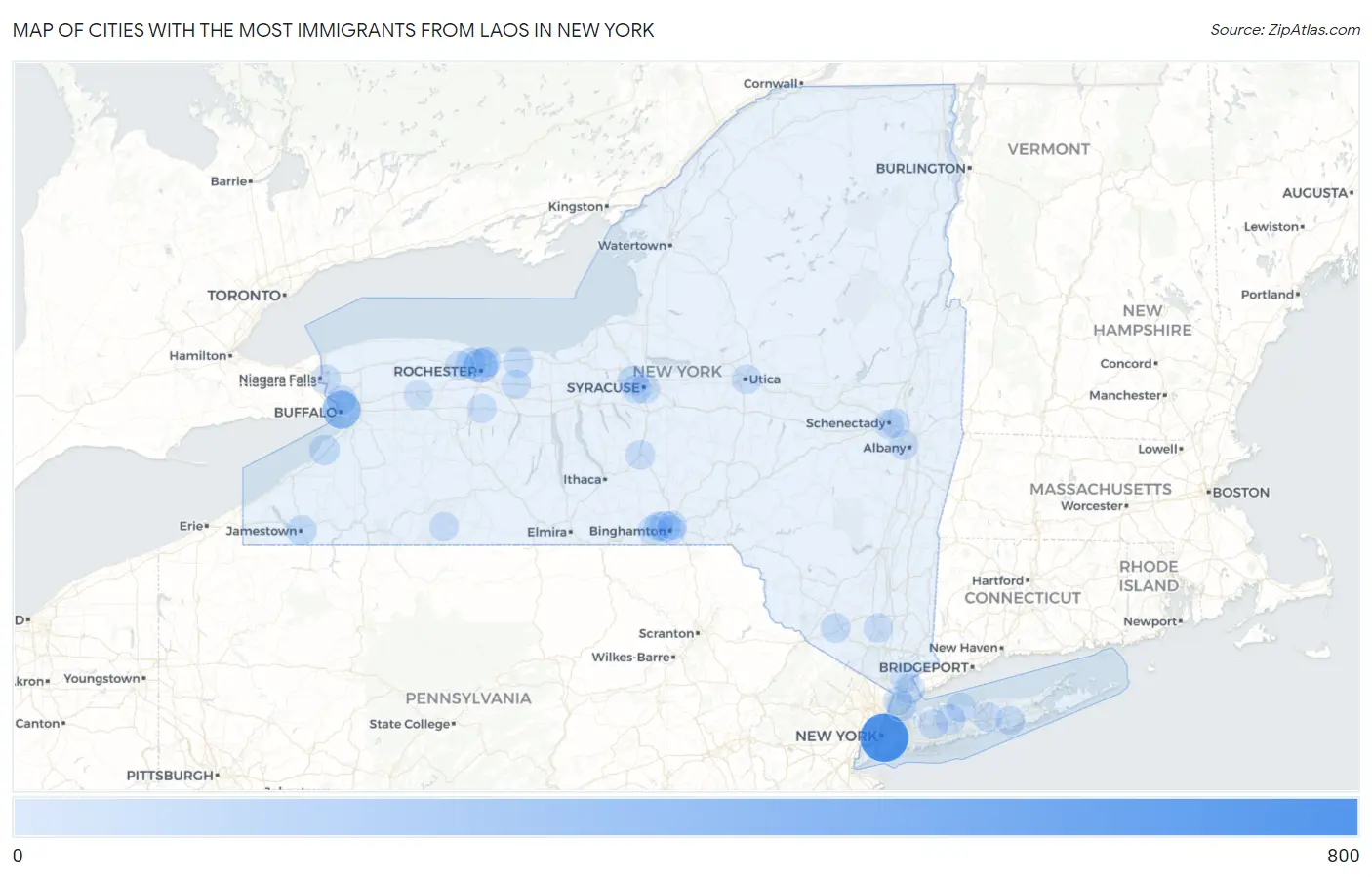 Cities with the Most Immigrants from Laos in New York Map