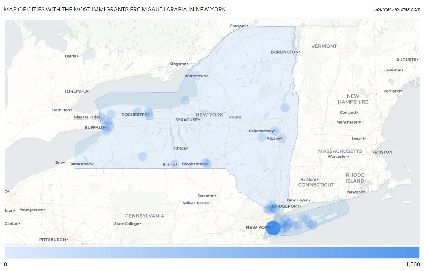 Cities with the Most Immigrants from Saudi Arabia in New York Map