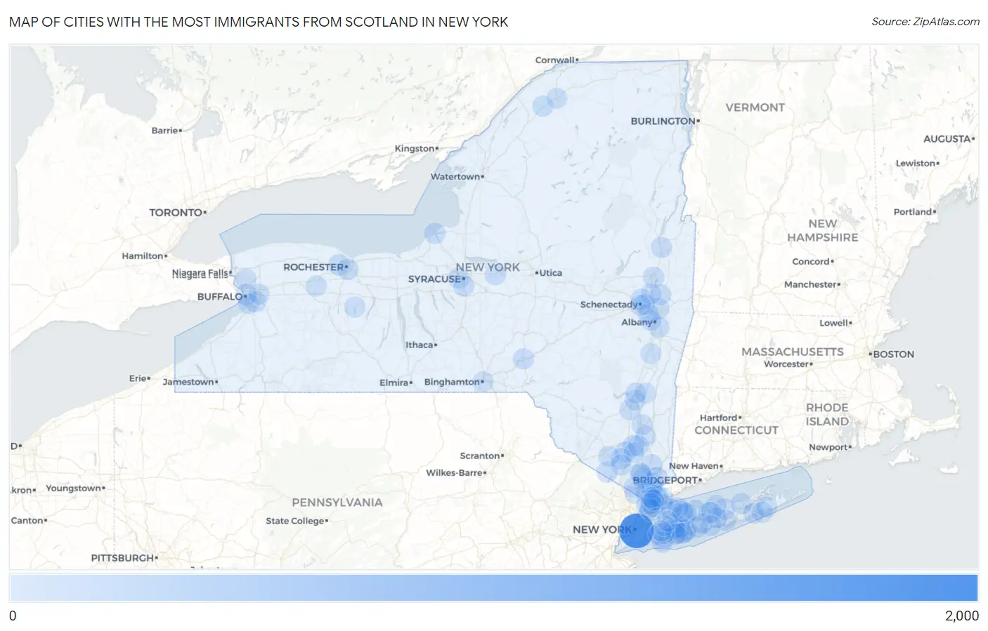 Cities with the Most Immigrants from Scotland in New York Map