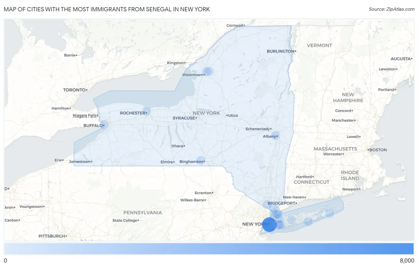 Cities with the Most Immigrants from Senegal in New York Map