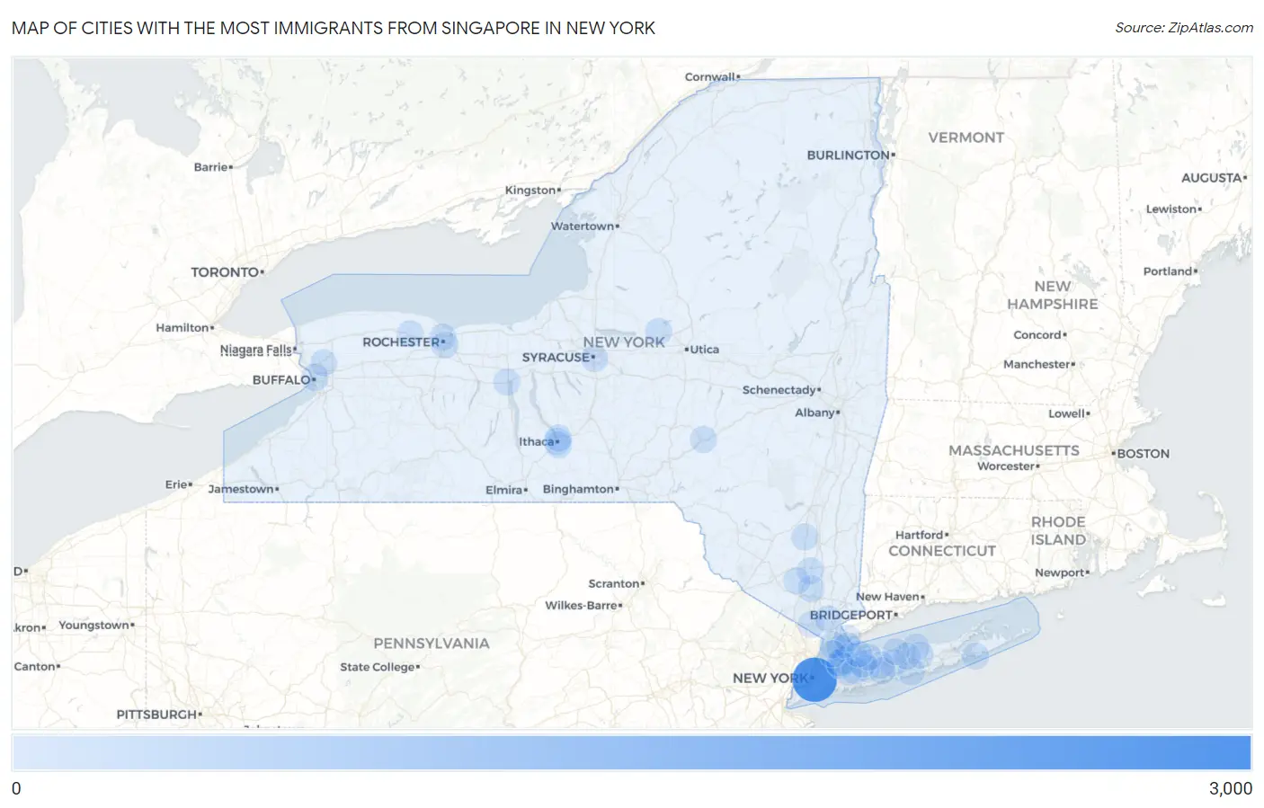 Cities with the Most Immigrants from Singapore in New York Map