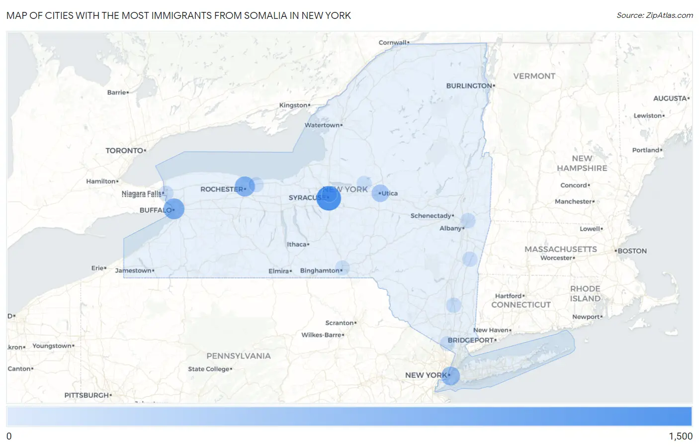 Cities with the Most Immigrants from Somalia in New York Map