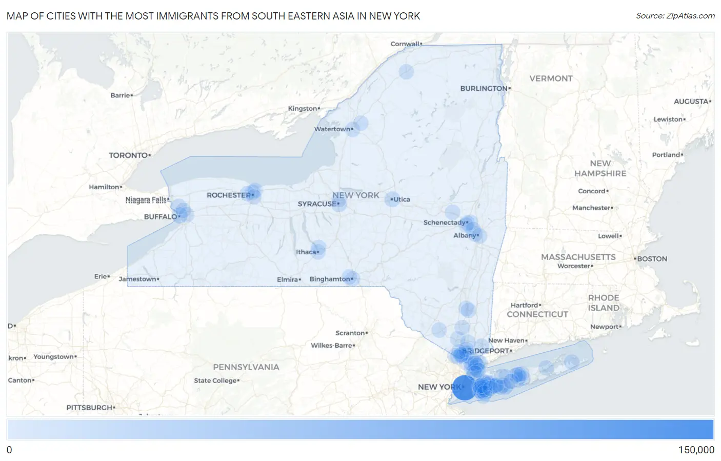 Cities with the Most Immigrants from South Eastern Asia in New York Map