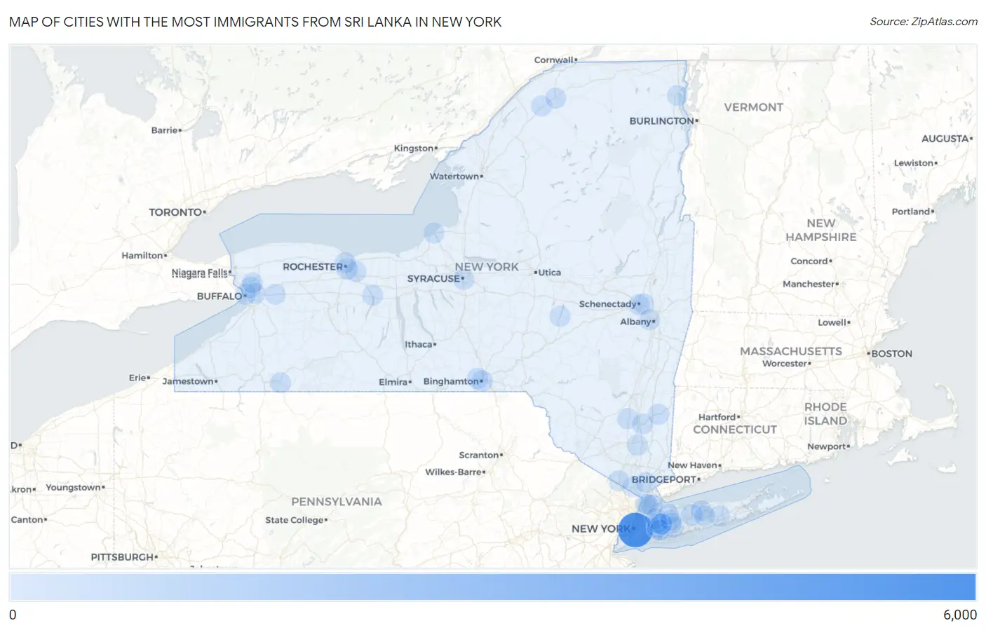 Cities with the Most Immigrants from Sri Lanka in New York Map