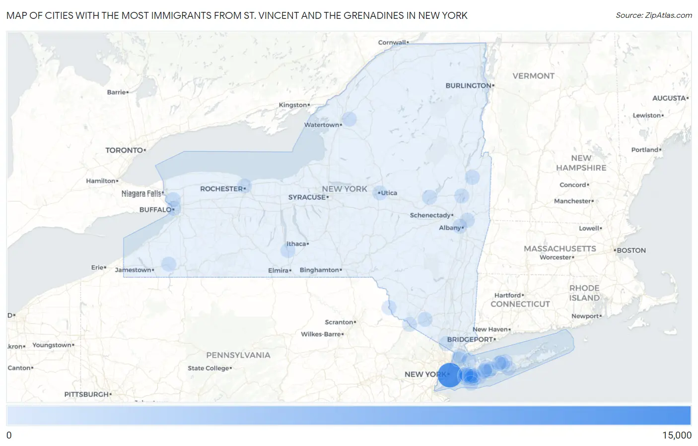 Cities with the Most Immigrants from St. Vincent and the Grenadines in New York Map