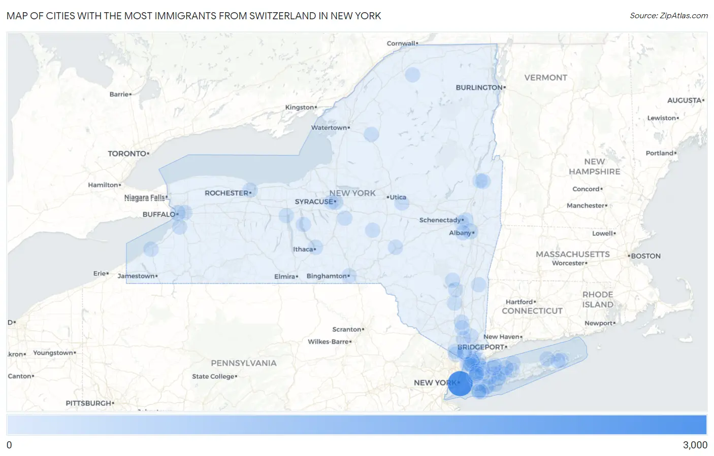 Cities with the Most Immigrants from Switzerland in New York Map