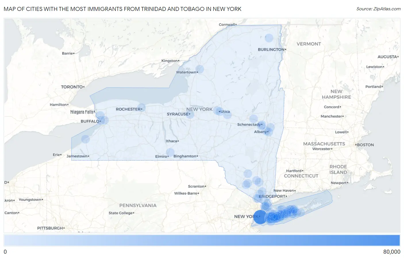 Cities with the Most Immigrants from Trinidad and Tobago in New York Map