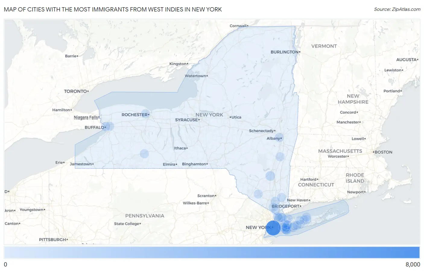 Cities with the Most Immigrants from West Indies in New York Map