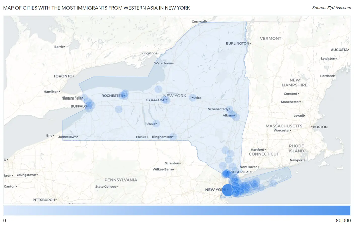 Cities with the Most Immigrants from Western Asia in New York Map