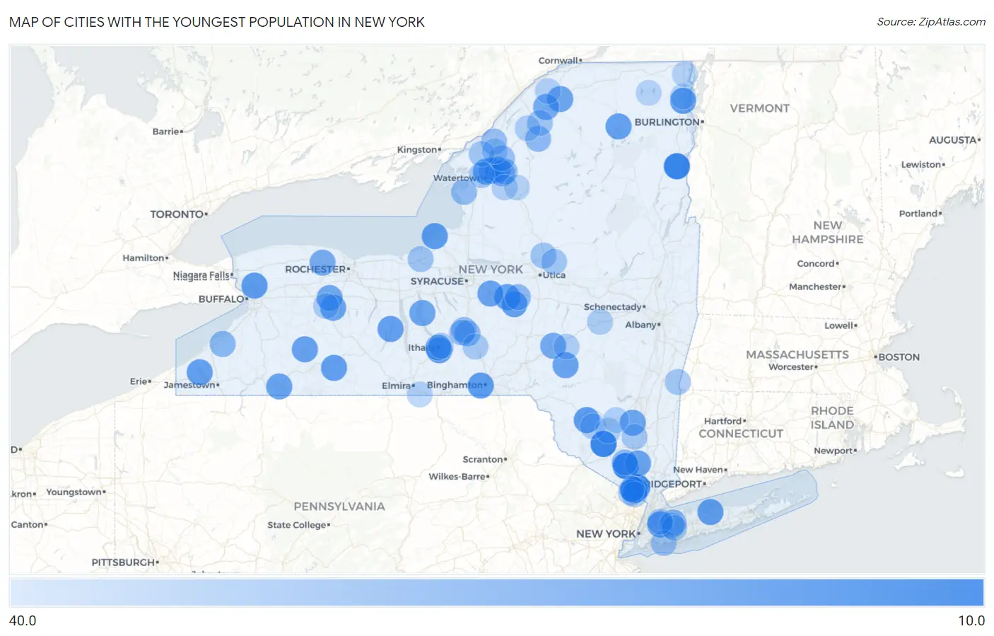 Cities with the Youngest Population in New York Map