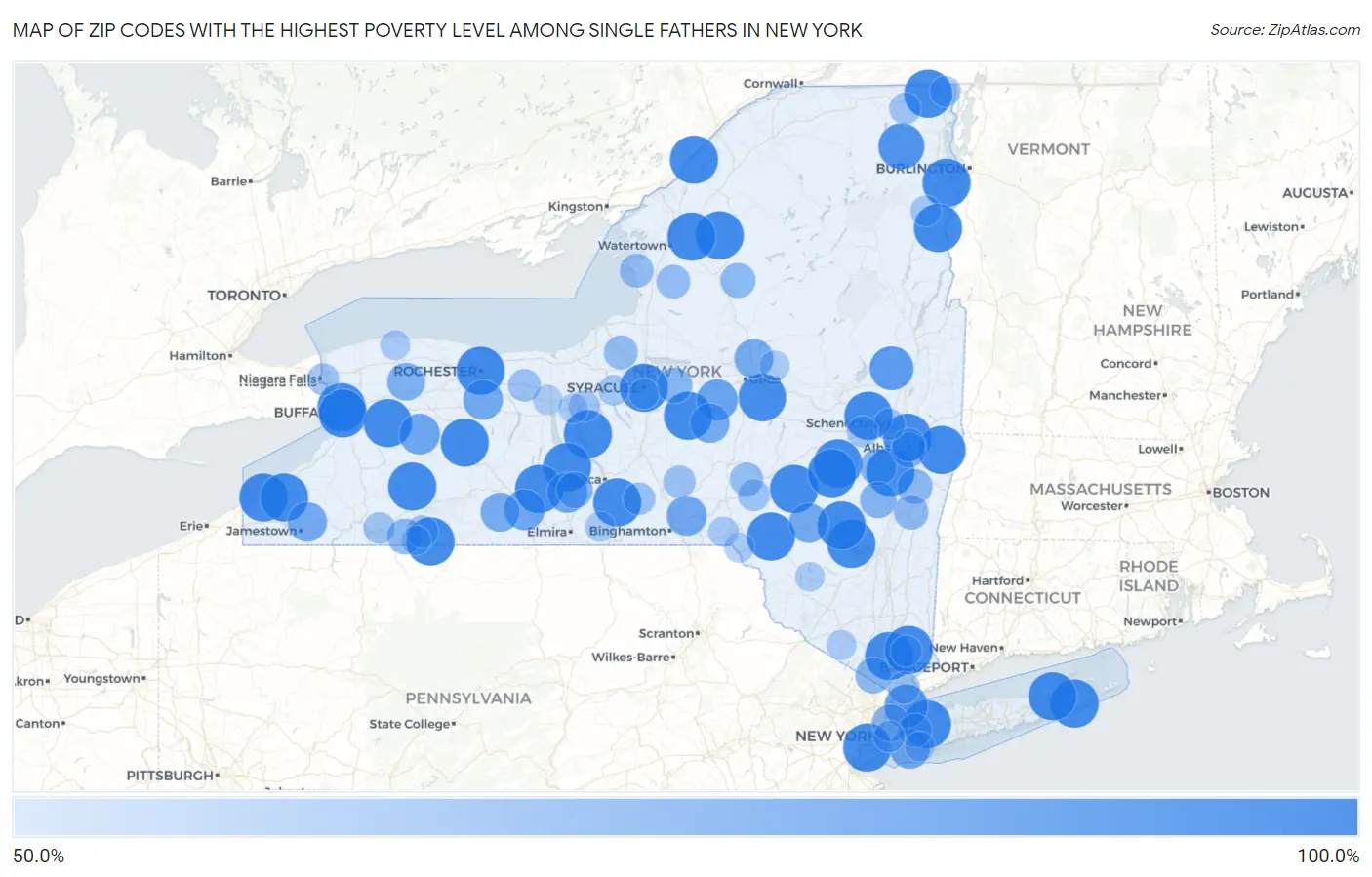 Zip Codes with the Highest Poverty Level Among Single Fathers in New York Map